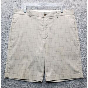 Greg Norman Chino Shorts Men Size 36 Tan Plaid Polyester Pockets Flat Front Logo